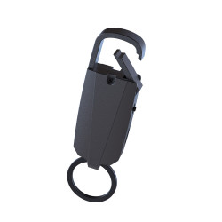 Discreet black key ring voice recorder with metal clip and ring attachment, ideal for hidden or portable audio recording.