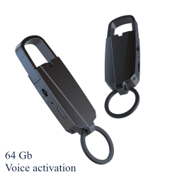Black key ring voice recorder with 64 GB memory and voice activation feature