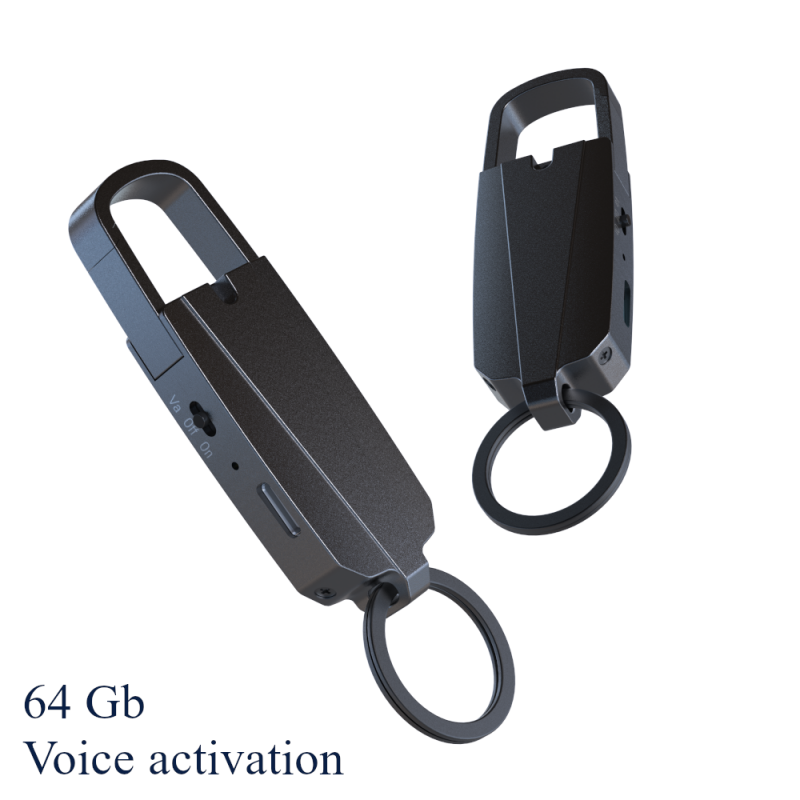 Black key ring voice recorder with 64 GB memory and voice activation feature Black key ring voice recorder with 64 GB memory and voice activation feature